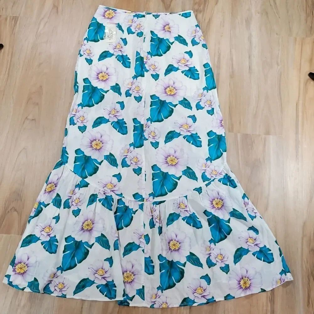 🔹️NWT Forever 21 Ivory & Teal Floral Print Maxi Skirt Medium - Picture 6 of 12